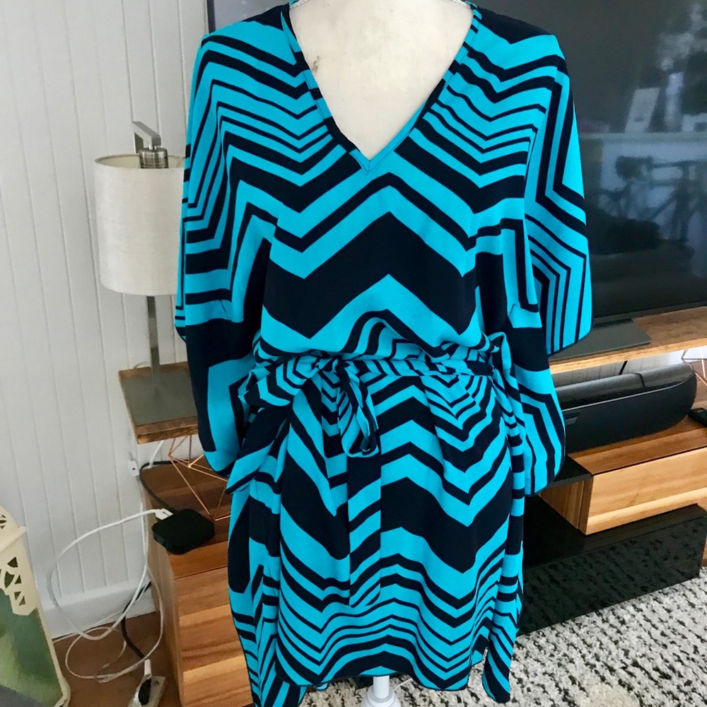Blue patterned dress! Very flattering and fun!